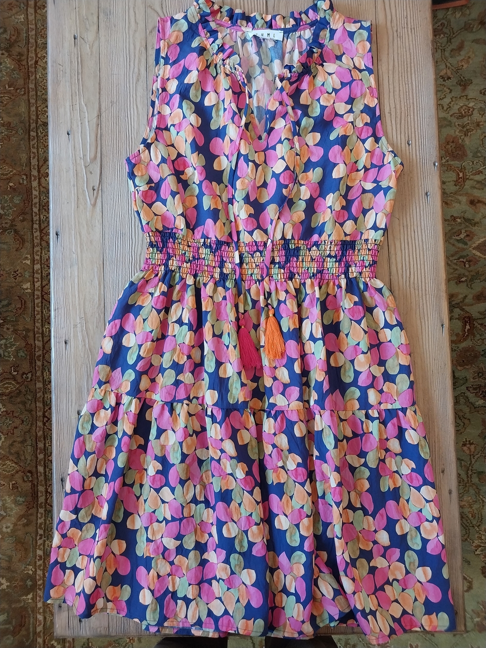 THML Navy Sleeveless Dress with Pink, Orange and Green Leaf Print